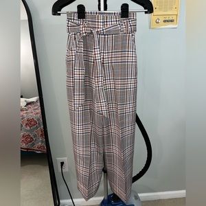 H&M plaid high-waisted, wide leg pant with tie belt